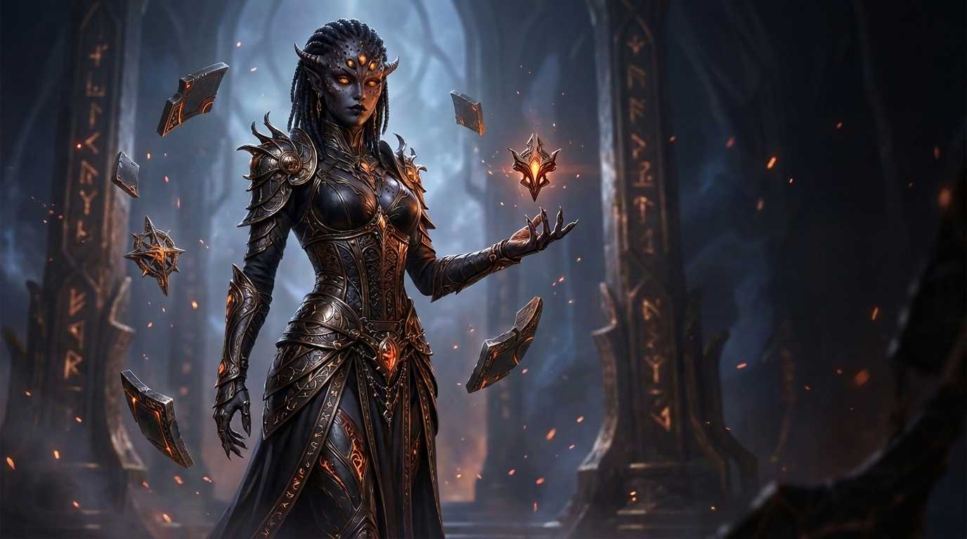 A celestial forge mistress representing the Starforger class