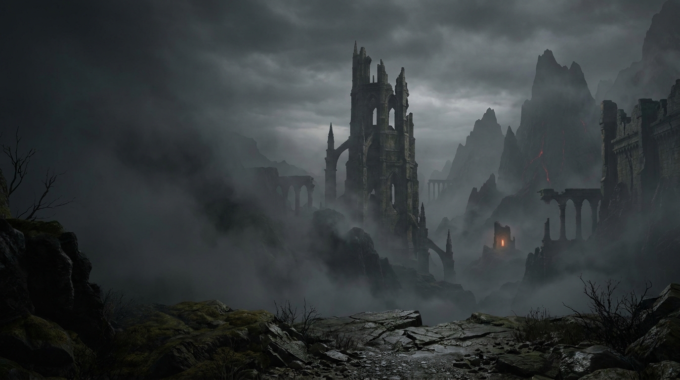 A vast fog-covered landscape of ancient ruins in Yashariel
