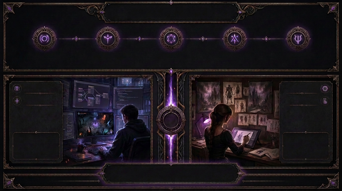 Ornate dark fantasy interface showing a five-step workflow, a technical workspace and a creative workspace.