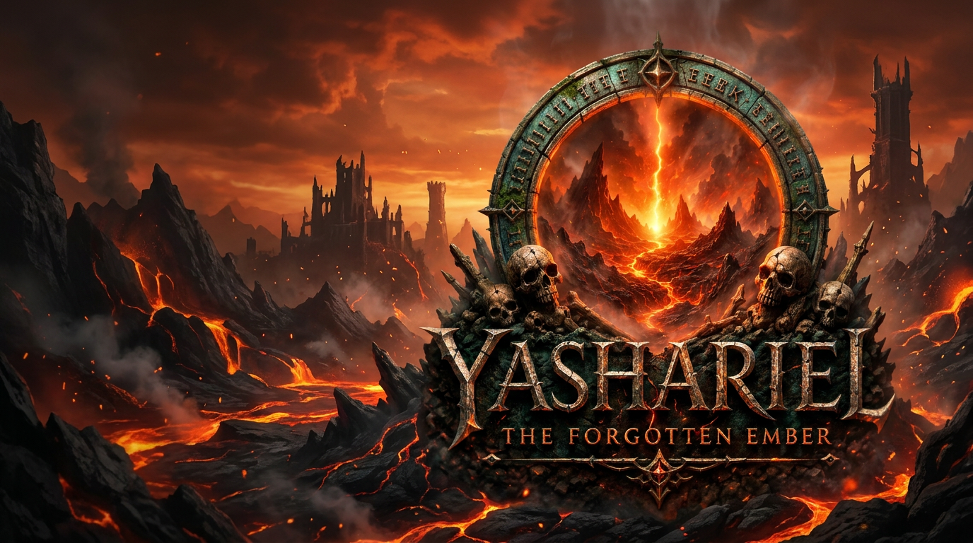 Yashariel: The Forgotten Ember in a volcanic dark-fantasy landscape